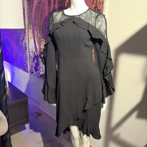 BCBGMAXAZRIA Black Chiffon Ruffle Hem Dress | Flutter Sleeves | Size Small